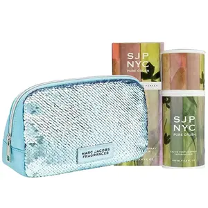 A blue and silver sequin Marc Jacobs makeup bag placed next to a bottle and box of Sarah Jessica Parker SJP NYC Pure Crush perfume.