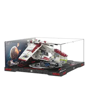 A completed LEGO Star Wars UCS Republic Gunship set showcased inside a clear, premium acrylic display case featuring a printed Battle of Geonosis backdrop.