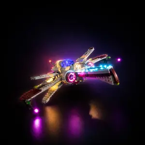 A LEGO Star Wars ARC-170 Starfighter (Set 75402) model fitted with a vibrant custom LED lighting kit.