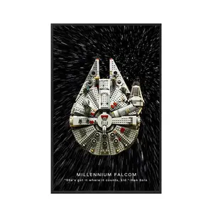 A completed LEGO Star Wars Millennium Falcon set mounted vertically inside a sleek black wall display frame featuring a dramatic light-speed hyperspace backdrop and a Han Solo quote.