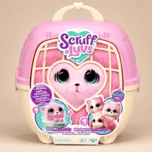 Scruff-a-Luvs Real Pets mystery surprise toy kit. Features a pink and cream pet carrier case with a heart-shaped window graphic showing an unwashed pink plush animal, accented by colorful multilingual stickers on a beige background.