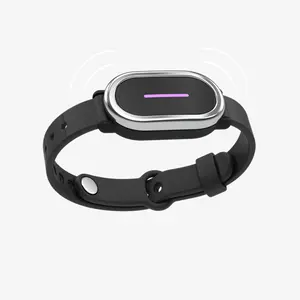 Bond Touch 4 long-distance connection bracelet in black. Features an oval-shaped touch module with a chrome silver bezel, a glowing purple LED strip, and vibrating indicator lines against a plain white background.