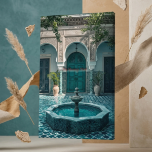 A vertical canvas wall art print depicting an ornate Moroccan riad courtyard with a central stone fountain, turquoise mosaic tile flooring, and large matching archways.