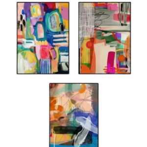 A triptych set of three vertically oriented modern abstract paintings arranged with two on top and one centered below against a plain white background, featuring a mismatch of high-contrast, multi-colored geometric shapes and expressive brushstrokes.