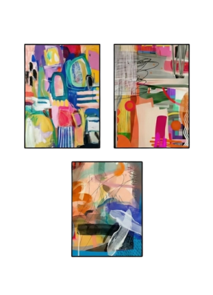 A triptych set of three vertically oriented modern abstract paintings arranged with two on top and one centered below against a plain white background, featuring a mismatch of high-contrast, multi-colored geometric shapes and expressive brushstrokes.