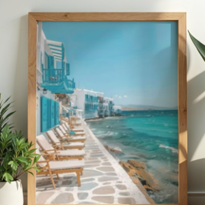 A large framed art print showing a row of wooden lounge chairs along a stone pathway next to bright turquoise water and white-and-blue buildings on a Greek island waterfront.