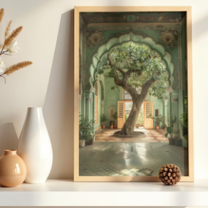 A vertical framed art print depicting a large tree growing in the center of an ornate, pale green Indian palace courtyard with a scalloped archway.