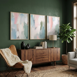 A triptych of three large, light-wood framed abstract paintings featuring pink, blue, and sage green brushstrokes hanging on a dark olive green wall above a mid-century wooden sideboard.