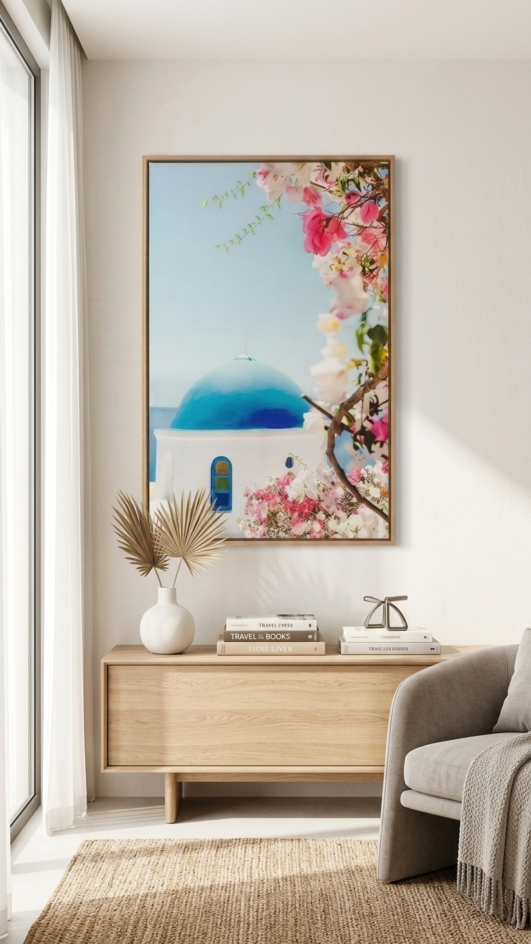 A large vertically framed art print of a blue-domed Greek church surrounded by pink bougainvillea flowers, hanging above a light wood console table in a bright, modern room.