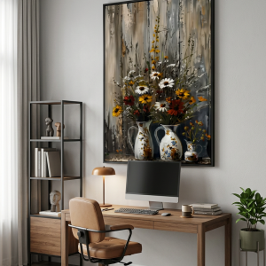 A large vertical framed painting of wildflowers in ceramic pitchers hanging on a wall behind a wooden desk with a computer monitor and an office chair.