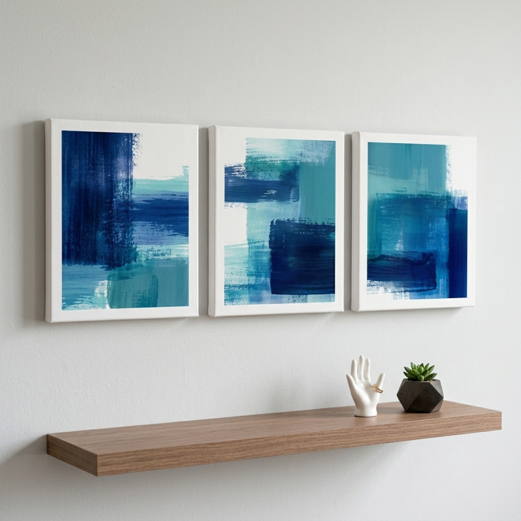 A triptych set of three vertical canvas art prints featuring blue and teal abstract brushstroke blocks, hanging side-by-side above a wooden floating shelf.