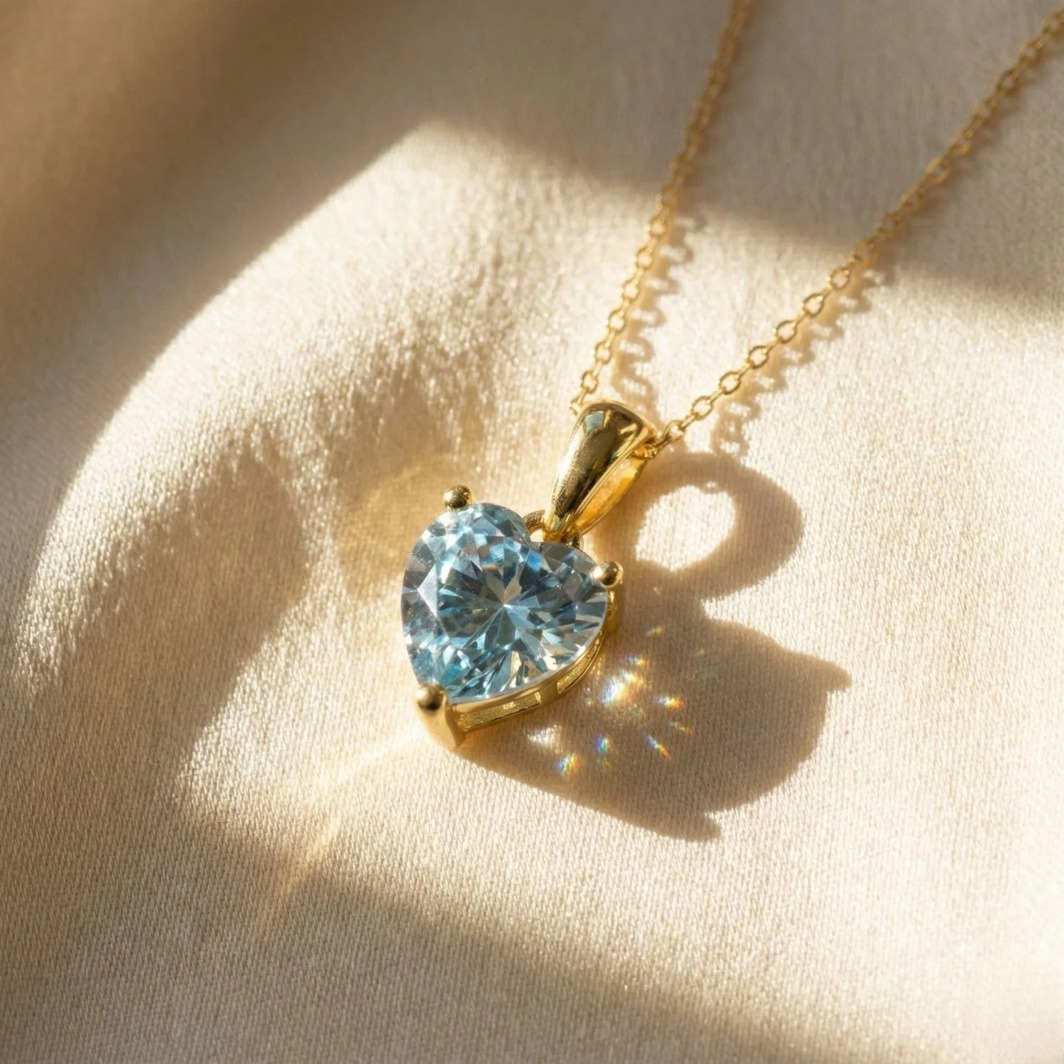 "A delicate gold chain necklace with a heart-shaped, faceted light blue aquamarine gemstone pendant."