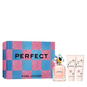 Marc Jacobs Perfect beauty gift set featuring a vibrant pink and blue checkered glitter box, a crystal clear perfume bottle with a decorative charm cap, and two matching pink squeeze tubes.