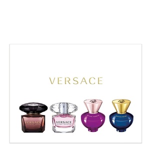 Versace women's 4-piece discovery gift set featuring a minimal white box and four colorful miniature perfume bottles.