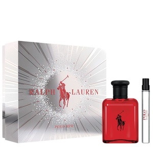 Ralph Lauren Polo Red gift set featuring a silver burst patterned gift box, an opaque red cologne bottle, and a slim travel spray vial.