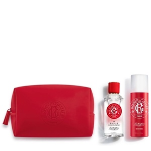 Roger & Gallet Jean Marie Farina grooming set featuring a bright red zip-around wash bag, a clear glass eau de cologne bottle, and a matching red aerosol deodorant spray