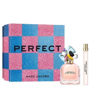 Marc Jacobs Perfect travel gift set featuring a pink and blue checkered glitter presentation box, a rounded perfume bottle with an eclectic charm cap, and a slim travel spray vial.
