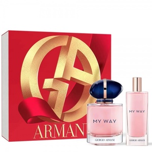 Giorgio Armani My Way fragrance set featuring a bright red box with a large golden monogram logo, a square perfume bottle with a blue talisman cap, and a matching slim travel spray vial.