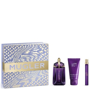 Mugler Alien luxury fragrance gift set featuring a purple and gold star-patterned box, a sculpted amethyst-purple perfume bottle, matching body lotion, and a travel spray vial.