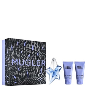 Mugler Angel fragrance gift set featuring a textured black and silver starburst presentation box, a clear star-shaped perfume bottle, and two matching cornflower blue cosmetic tubes.