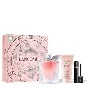 Lancôme La Vie Est Belle gift set featuring a pink clock-faced illustration box, a crystal eau de parfum bottle, a matching pink tube of body lotion, and a mini black mascara tube.