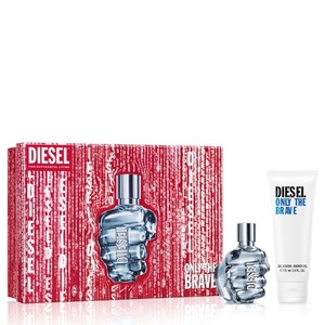 Diesel Only The Brave men's fragrance gift set with a red graphic box, a glass bottle shaped like a clenched fist, and a tube of matching shower gel.
