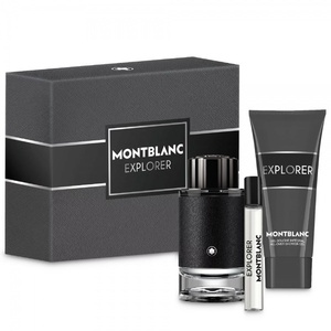 Montblanc Explorer men's gift set featuring a textured dark grey presentation box, a leather-wrapped cologne bottle, a matching tube of shower gel, and a small travel spray.
